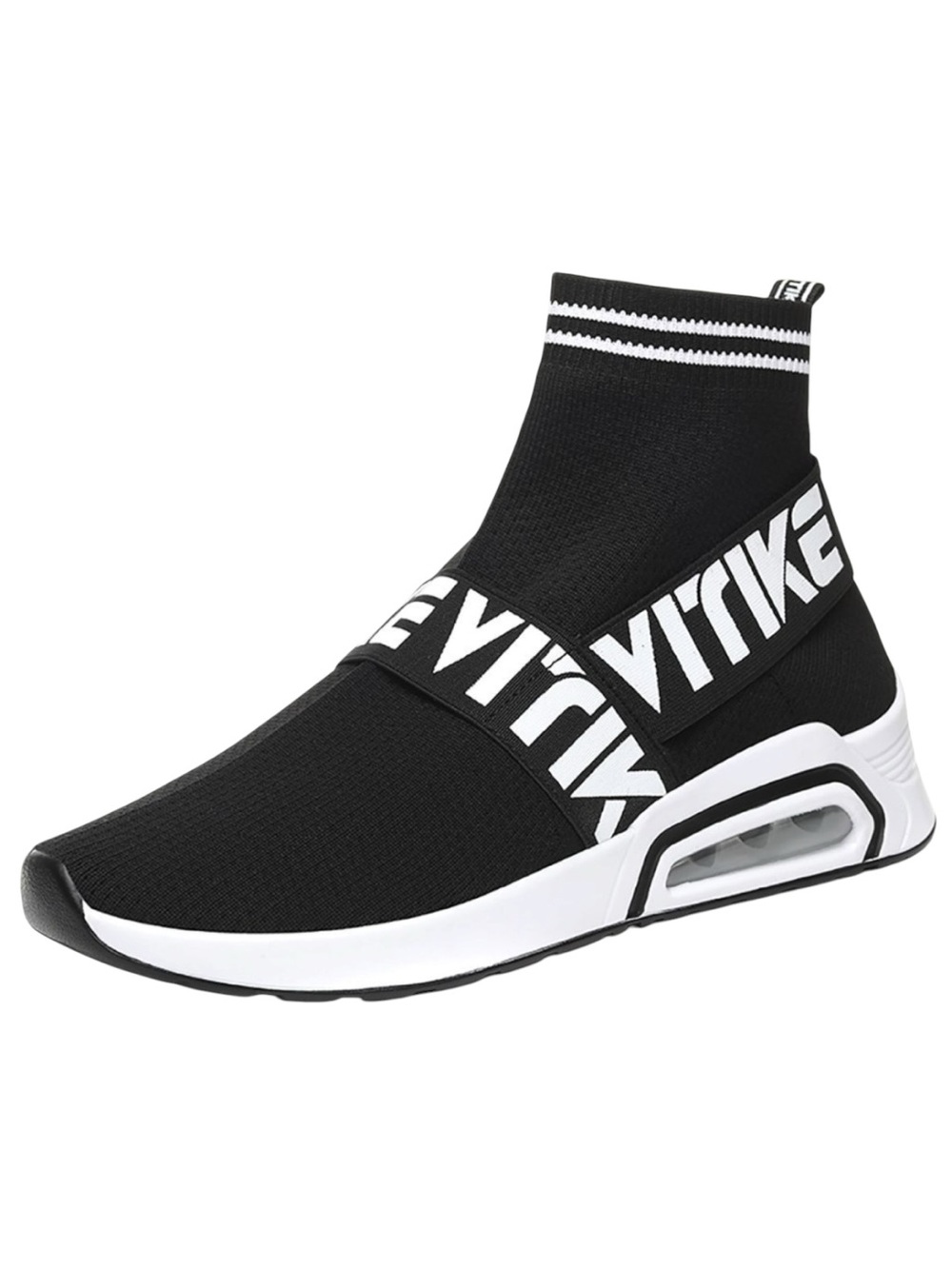 Black Knit High-Top Slip-On Sneakers with Contrast Strap